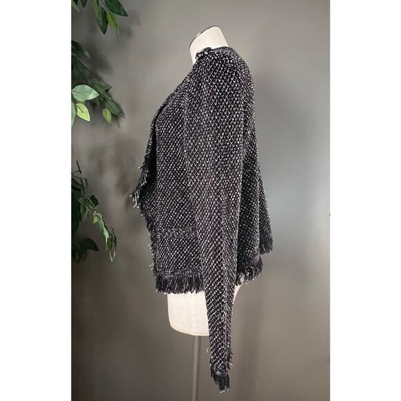 White House Black Market Black Knit Tweed Raw Hem Open Jacket Size Medium - Picture 8 of 10